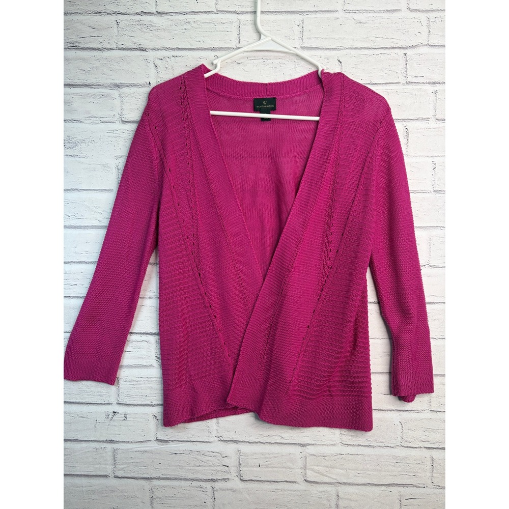 Worthington Womens Fuchsia Pink Open Front Cardigan Pointelle Knit Sweater Small